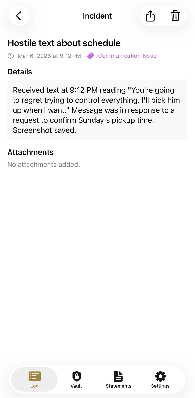 Evidexi app showing a detailed incident log entry with factual description